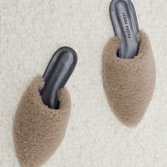 JENNI KAYNE Shearling Mule Sz 36 Taupe Slip On Flats Pointed Toe Beige